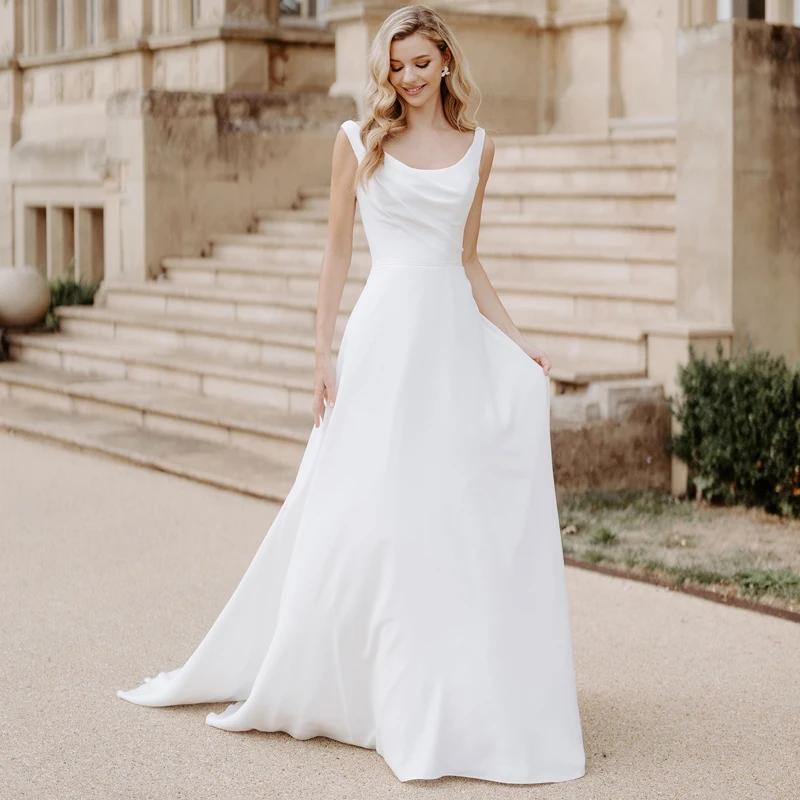 Summer Simple Wedding Dresses White A-Line O-Neck Satin Bride Dress Custom Made To Measures Robe De Mari Boho Beach 